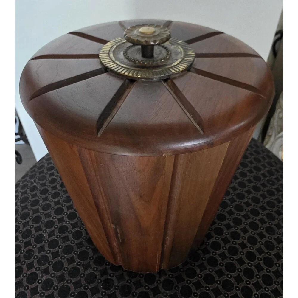Vintage Barware MCM Wood ICE BUCKET Brass Knob w/Liner VGUC